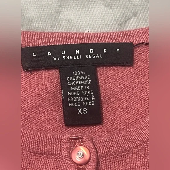 100% Cashmere Dusty Rose Crystal Button Dainty Ribbon 3/4 sleeve Cardigan XS - Picture 3 of 7